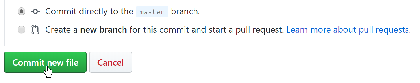 Screenshot showing where to click to commit the new file